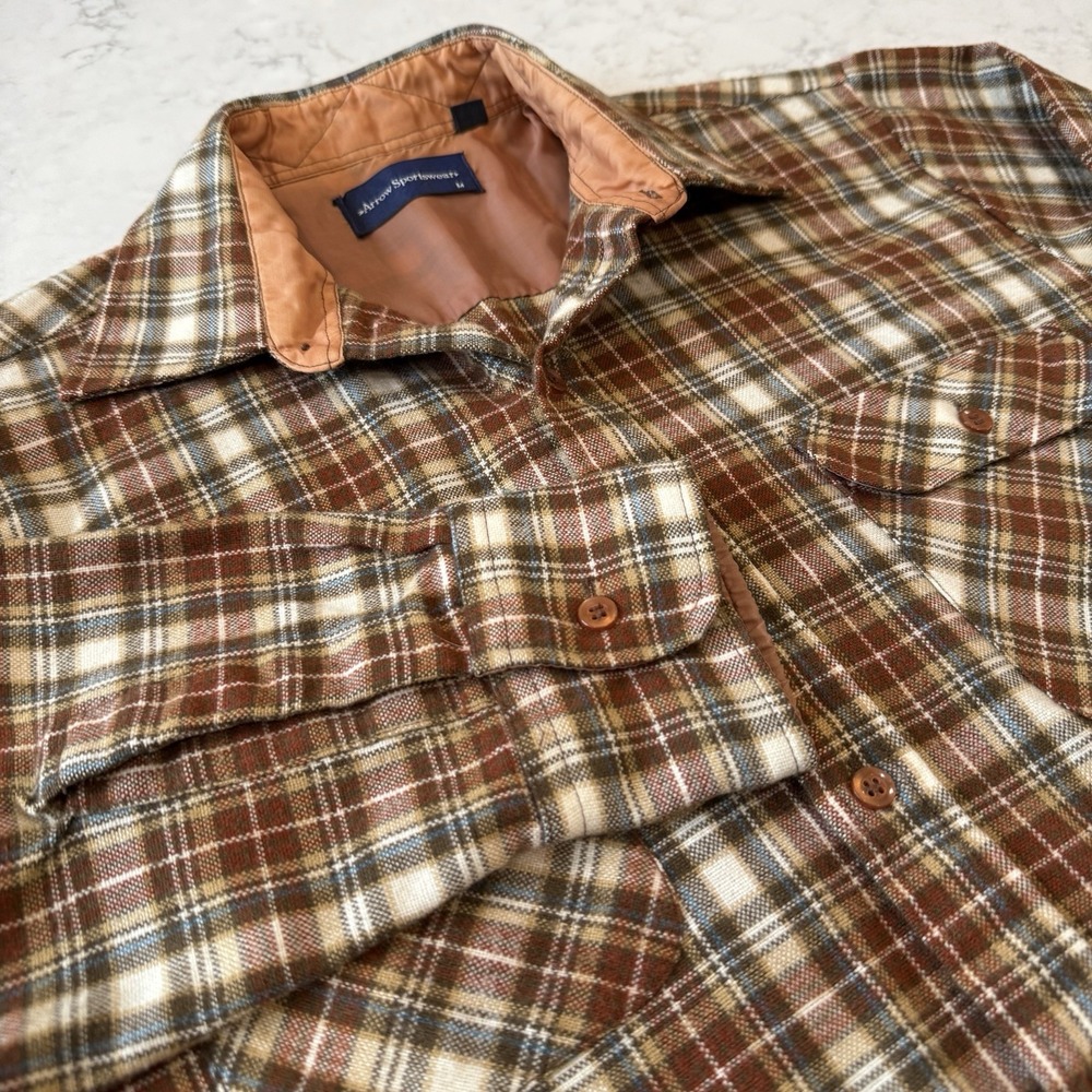 VTG 90s Arrow Sportswear Tartan Plaid Button Up Shirt M Brown Woven
